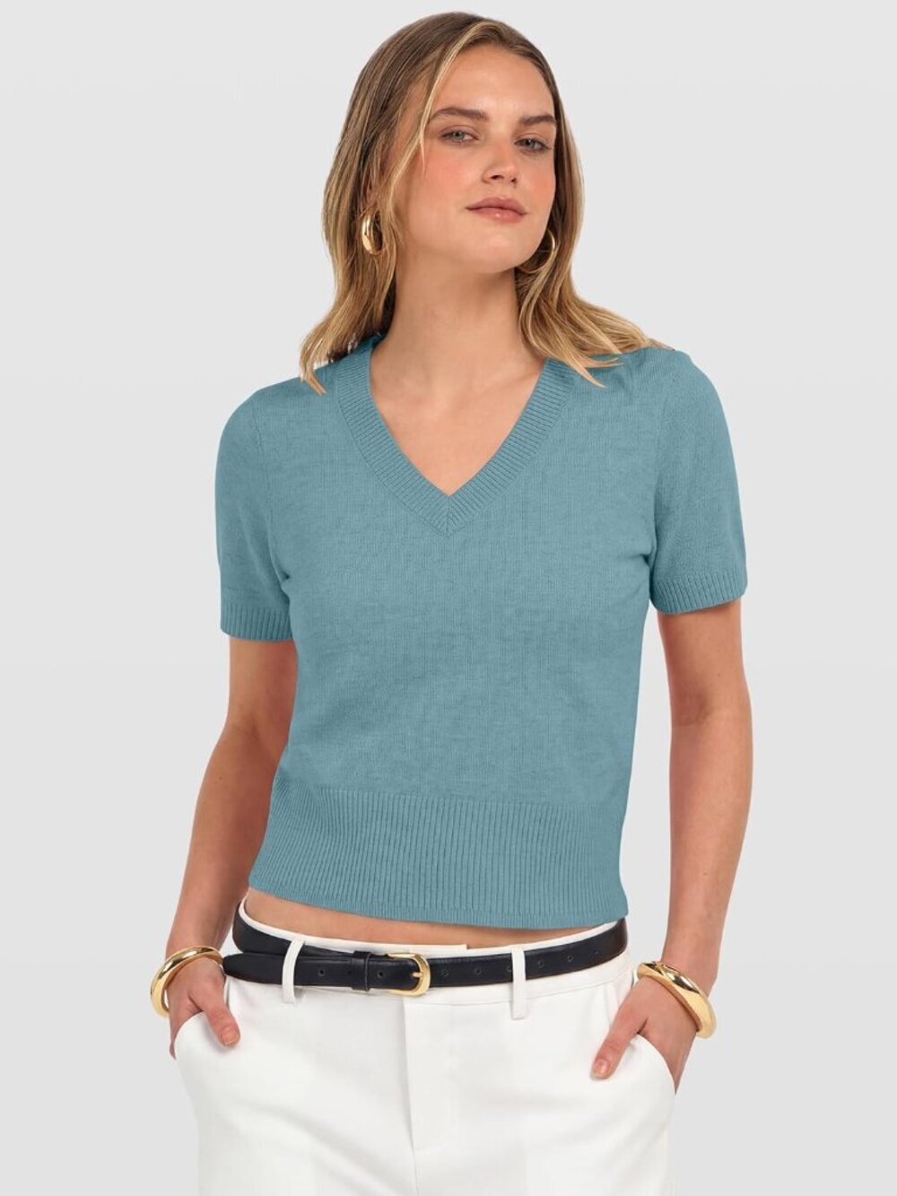 〽️Women's Light Blue Short Sleeve V Neck Business Lightweight Cropped Sweaters